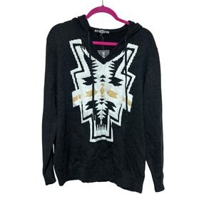 Rowdy Crowd 2X Gray Southwestern Aztec Print Hooded Pullover Sweater Acrylic NWT